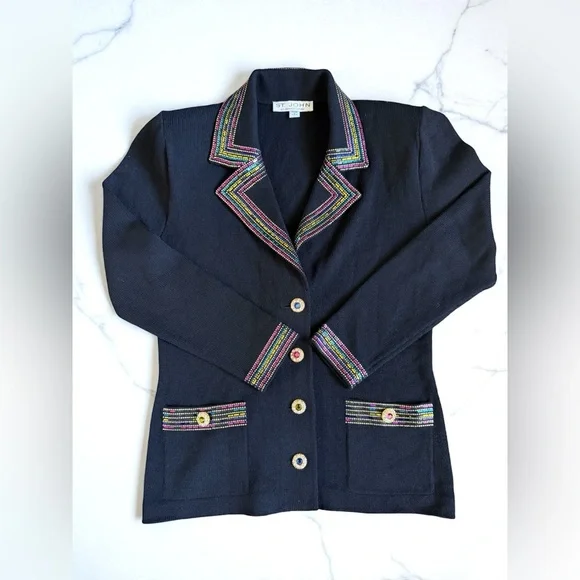 St John Evening Gorgeous Jacket black with multicolored paillettes pockets Sz 6 - Picture 2 of 12
